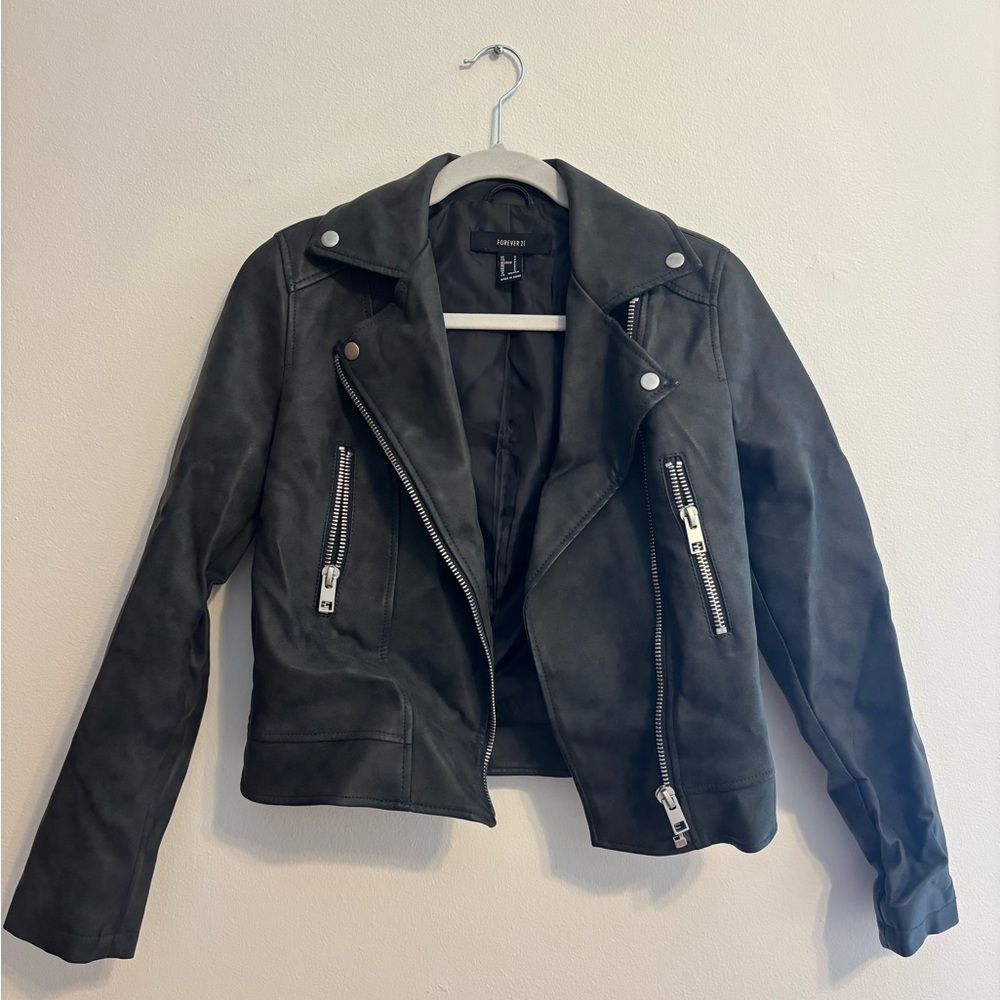 Forever 21 Black Faux Leather Moto Jacket with Silver Zippers